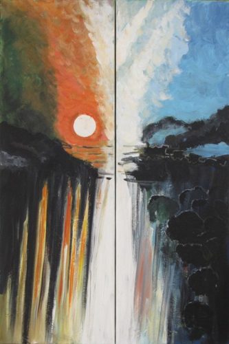 Il treno degli innocenti (2019), acrylic on canvas, 60 x 40 cm tot. diptych, €2000-2200