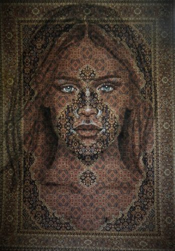 Portrait on a Persian carpet 2, 240x170x1 cm, Acryl on a real Persian carpet, 2022, € 2500-2800