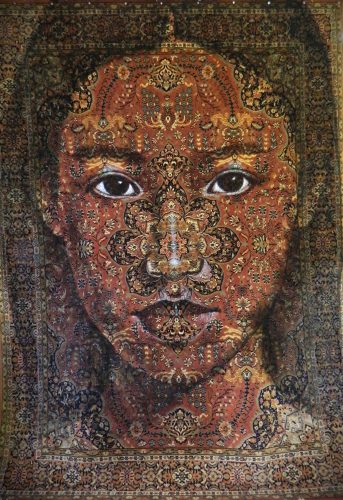 Portrait on a Persian carpet 3, 220x165x1 cm, Acryl on a real Persian carpet, 2022, € 2500-2800